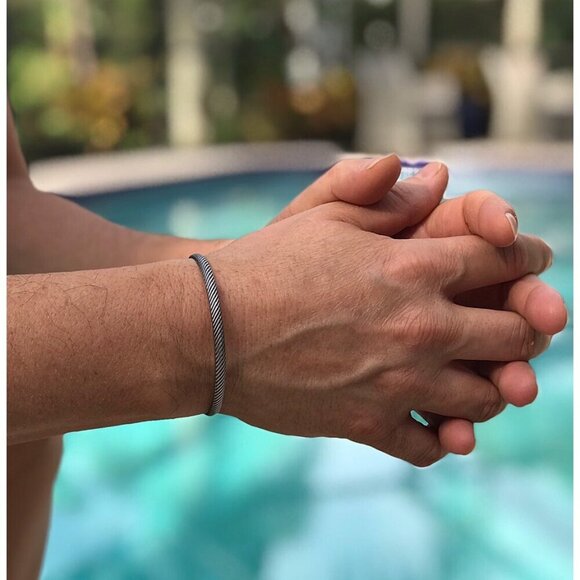 Oxidized 925 Sterling Silver Diagonal Stripe Open Cuff Bangle Handmade - 4.25mm - Picture 5 of 7